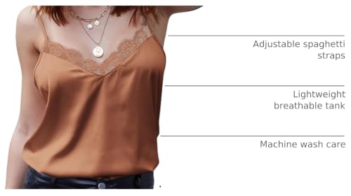Image of Ekouaer Women's Satin Camisole Lace Silk Satin Pajama Tank Tops V Neck Soft Spaghetti Strap Loose Sleepwear Light Coffee XXXL