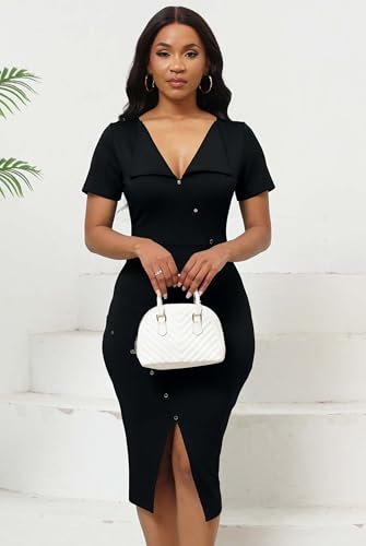 Image of Fooullaide Women's Sexy Bodycon Mid Dress Stretch Short Sleeve V Neck Cocktail Party Dresses