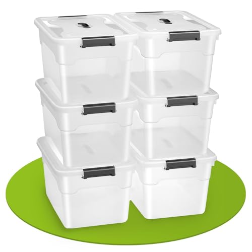 Juskys Boîte de rangement avec couvercle - ensemble de 6 boîtes en plastique de 30 l - grande boîte, empilable, transparente - rangement système de...
