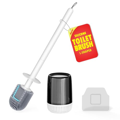 Image of Silicone Toilet Brush, L-Shaped Toilet Brush and Holder Set, Bathroom Toilet Brush with Long Non-Slip Handle, Wall Mounted or Floor Standing Design, for Home and RV Use