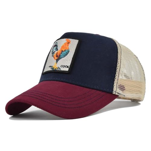 Animal Embroidery Mesh Snap Button Baseball Cap Male and Female Adjustable Rooster Embroidery Baseball Cap Dad Cap (Wine Red and Navy Blue)