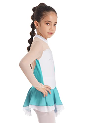 Easyforever Kids Girls Ice Figure Skating Roller Skater Leotard Dress Floral Lace Long Sleeve Tutu Skirt Dancewear Light Blue_Ww 6 Years #TOP1