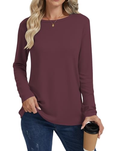 Cuptacc T-Shirts Für Damen Baumwoll Tshirt Damen Langarm Einfarbig Tops Rundhalsausschnitt Langarm Burgund XL 46-48