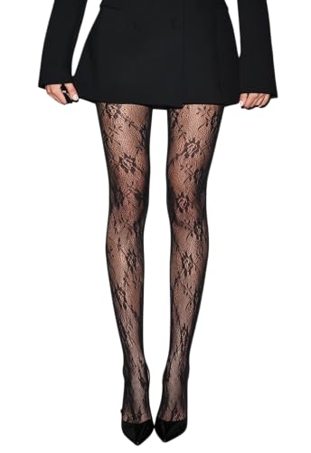 Hedovan Women Floral Lace Tights Patterned Fishnet Stockings Sheer Funky Tights Cute Sexy Pantyhose Leggings(Trendy Black One Size)