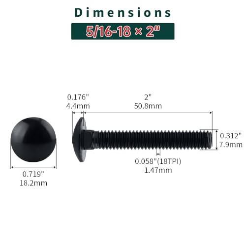 Image of 5 /16-18 x 2 inch Black Carriage Bolts with Nuts and Washers Kits (10 Sets), 304 Stainless Steel 18 /8, Black Finish, Round Head, Square Neck, Heavy Duty Bolts, Indoor Outdoor Fastening Bolts, Fayeploo