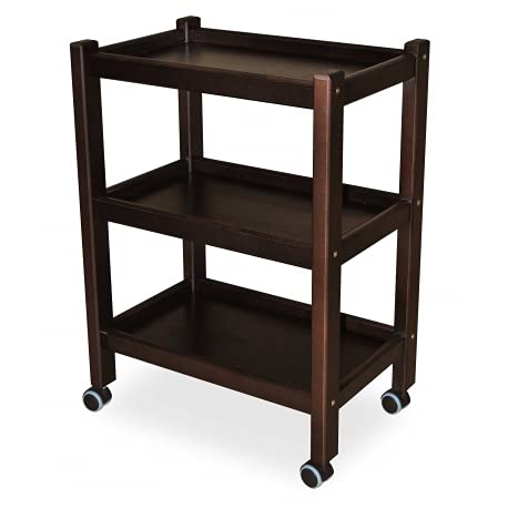 Image of 3-Tier Solid Wood Rolling Bar Cart - Wine Serving Cart with Wheels, Kitchen Storage & Seasoning Rack (Brown Polish, Style 12)