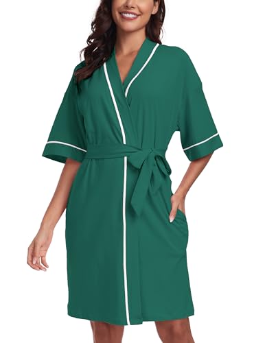 EA'S SECRET Women's Robes Summer Softy Short Sleeve V-neck Inner and Outer Ties Bamboo Rayon Bath Robes Female(Deep Green,S)
