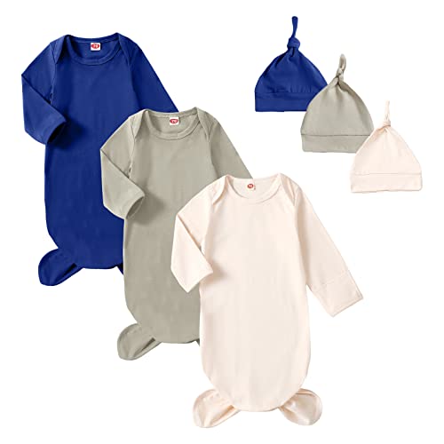 Image of OPAWO Newborn Baby Knotted Gowns with Mitten Cuffs and Hat Baby Sleeper Gowns Coming Home Outfit for Baby Boy Girl 0-6 Months