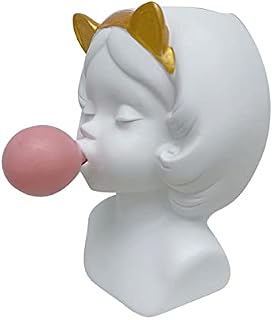 PCKJWSYHN Cute human head face resin vase Human face shaped flower pot White Modern Head Planter for home office plant container storage pen holder art girl blowing bubble statue vase rabbit vase