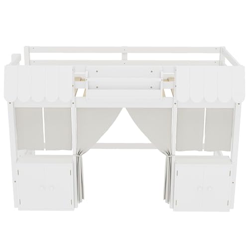 Image of Bekeknlny Twin Loft Bed with Built-in Bookshelf, Curtain, Storage Shelf and Amusement Park-Inspired Playful Design Safety Guardrails, Fairy Tale Cottage Kids Bed (White6, Twin)