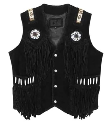 Image of Western Style Cow Suede Leather Vest for Men with Native American-Inspired Design, Fringes, Beads & Braid
