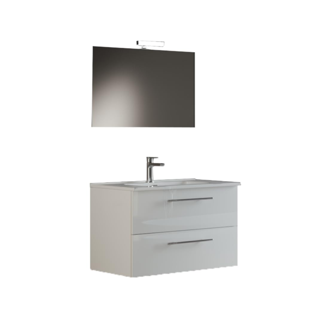 Mama Store IRIS 100 - Mobile Bagno Sospeso IN KIT DA MONTARE 100 CM BIANCO LUCIDO LACCATO con Lavabo, Specchio e Lampada LED, L.101 X P.47 X H.53 cm
