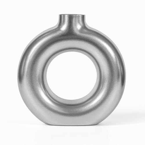 Image of Amazon Basics Artisan Crafted Ceramic Donut Shaped Vase for Unique Home Decor (9L cm x 4W cm x 16H cm) - Pack of 1, Silver