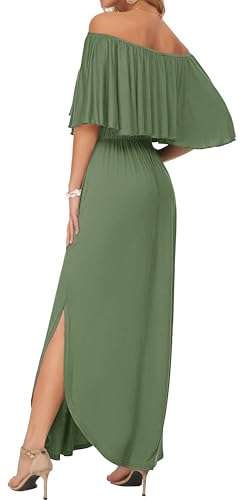 Image of AUSELILY Womens Off Shoulder Ruffle Split Summer Maxi Dresses with Pockets | Off-shoulder Ruffle dress with empire waist & side split for summer beach and casual parties