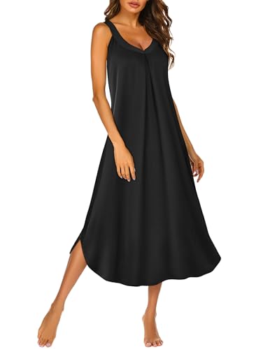Ekouaer Sleeveless Nightgowns for Women Long Night Gown Pleated Full Length Sleepwear Tank Sleep Dress Slit Dress S-2XL
