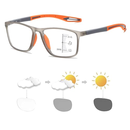 Gafas de presbicia bifocales progresivas fotocromáticas inteligentes deportivas, gafas de lectura de luz anti-azul de moda, gafas ultraligeras de lectura bifocales portátiles(Grey/Orange,2.0 x)