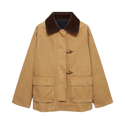 Lumister Womens Oversized Barn Jacket Contrasting Lapel Collar Retro Button Down Casual Canvas Coat Outwear2