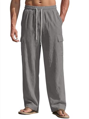 Pantalon cargo décontracté en lin pour homme style baggy large