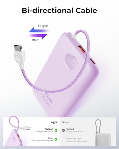 Image of VIYISI Slim Portable Charger Power Bank 10000mAh, Stylish PD 20W Fast Charging Compact Battery Pack with Built-in USB C Cable, Travel Essential for iPhone 17 16 15, Samsung, Android - Purple