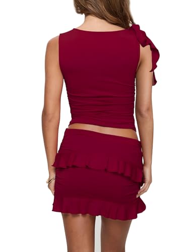 Image of 2 Piece Sets for Women Y2k Going Out Ruffle Trim Ruched Tank Top And High Waist Skirt Set Club Mini Dress