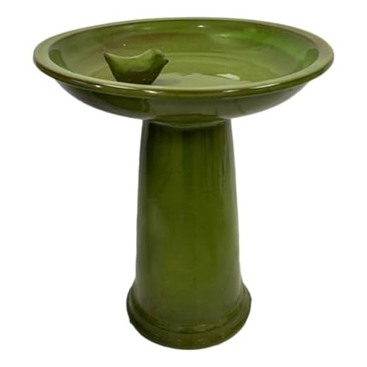 Esschert Design FB424 Bath on Pedestal with Bird, Ceramic, Green