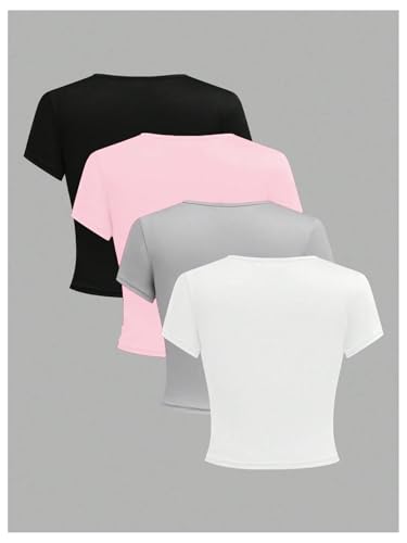 SOLY HUX Girl's Crop Tops 4 Piece Short Sleeve Crew Neck T Shirts Solid Basic Slim Fit Tee2