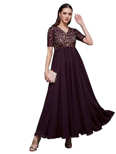 Image of Miss Chase Women's V-Neck Full Sleeve Self Design Lace-Overlaid Georgette Maxi Dress
