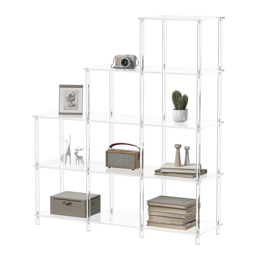 CRTERICX 5-Tier Acrylic Bookshelf, 9 Cube Bookcase, Clear Open Stepped Book Shelf for Home Office, Living Room, Bedroom, Easy Assembly, 11.8" D x 40.6" W x 46.1" H