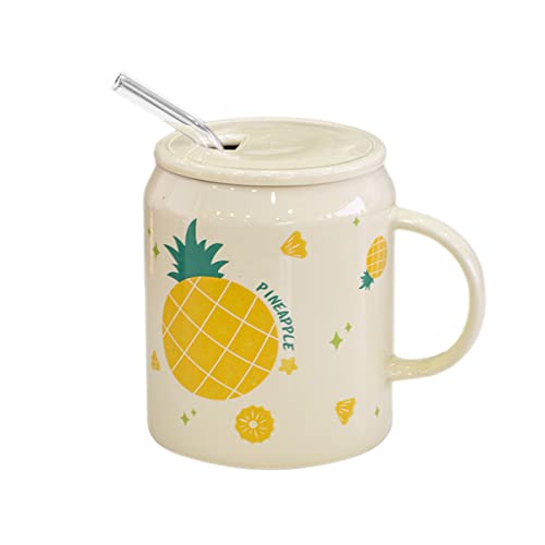 Sizikato Porzellantasse mit Deckel und Strohhalm, 473 ml Wasserbecher mit Griff, niedliches Ananas-Muster Cover