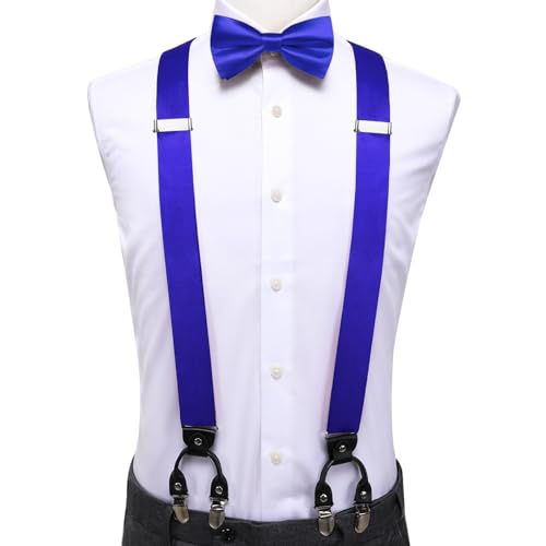 Image of Hi-Tie Men Suspender Bowtie Set Suspenders Pre-tied Bow Tie Pocket Square Cufflinks Adjustable Y Shape 6 Clips Braces Tuxedo