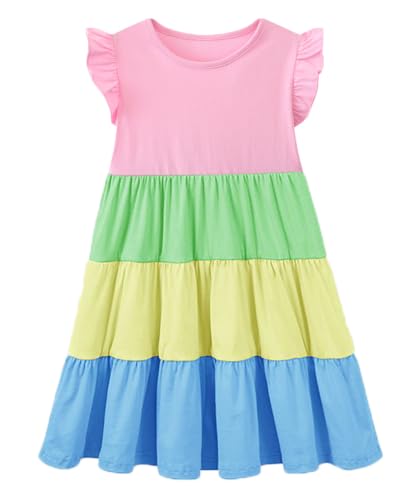 Image of HILEELANG Girls Cotton Tiered Dress Flutter Ruffle Sleeve Summer Swing Sundress Birthday Party Casual Outfit Colorblock 2-12Y