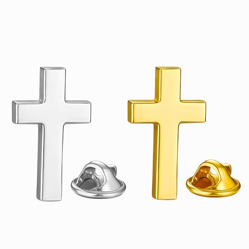 Juego de dos Pines de Solapa Cruz Cristiana Oro y Plata | Grabado láser en la parte posterior | Pin de Solapa Católico de Metal Color Oro | Religioso Católico