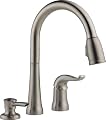 Delta Kate Brushed Nickel Kitchen Faucet with Pull Down Sprayer and Soap Disperser, Modern Two Hole Kitchen Sink Faucet, Single Handle, Stainless 16970-SSSD-DST