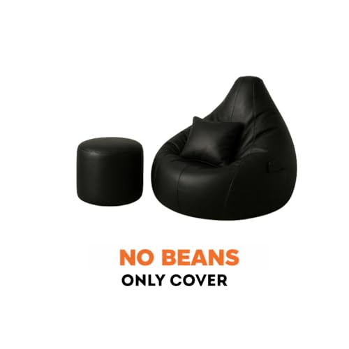 Image of Bean Bag Cover | Gaming Seat with Side Pocket | Premium Leatherette, Washable Cover, Double Stitching | for Lounge & Bedroom | Cover Only (Free Pillow & Footrest, No Beans) (Black, XL)