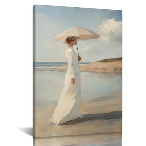 SANGGUOBIN Coastal Wall Art Beach Lady Umbrella Canvas Beach Landscape