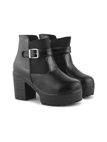 Image of JM LOOKS women Stylish Women's Block Heel Ankle Boots with Buckle Strap, Platform, and Comfortable Sole