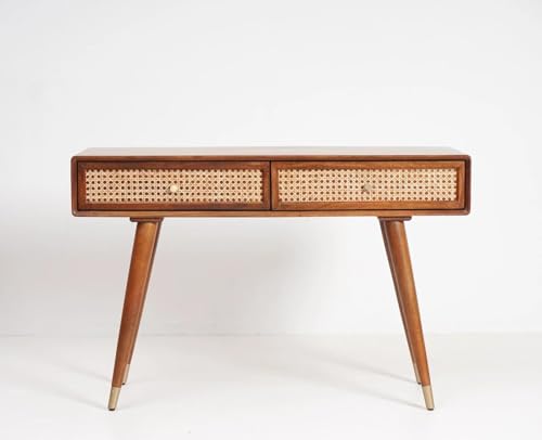 Image of Fern Rattan Solid Wood Study Table | Cane Work Writing Table with 2 Drawers | Mango Woods, Honey Ideal for Home Decor