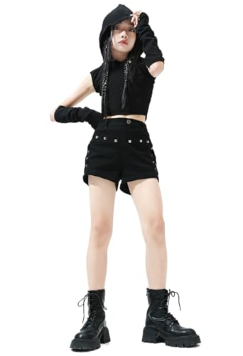 ノースリーブ キッズ ダンス衣装 セットアップ 女の子 チア チアガール へそ出し 肩だし パーカーショートパンツ 短パン 演出服 発表会 団体服 応援団 上下セット ヒップホップ ジャズダンス 黒色 腕カバー (ブラック,150)