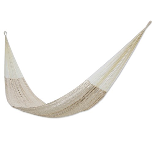 NOVICA Natural Off White Hand Woven Cotton Blend Mayan 1 Person Rope Hammock
