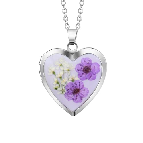 Handmade Heart Shaped Dried Pressed Forget Me Not Flower Photo Locket Pendant Necklace (Silver, Purple Flower On Lavender)