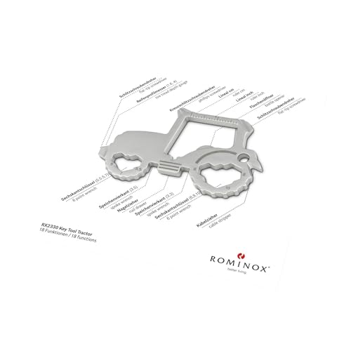 Geschenkartikel: ROMINOX Key Tool // Traktor, 18 Funktionen, Keytool Schlüsselanhänger, Flaschenöffner, Edelstahl Multitool, Multifunktionswerkzeug, Kleinigkeit für Adventskalender