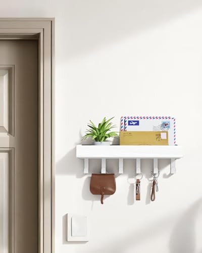 Image of Key Holder Wall Mount Magnetic Adhesive, Key Hooks Rack with Shelf | Key Hanger with Mail Organizer for RV Camper Fridge Living Room Decor, Home Essentials, White