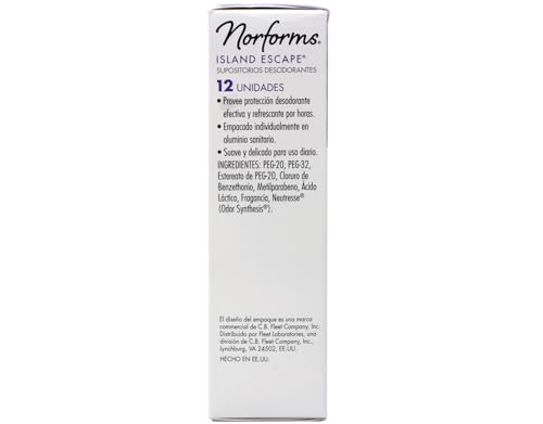 Norforms Feminine Deodorant Suppositories, Long Lasting Odor Control, Island Escape Scent, 12 Count (Pack of 3)