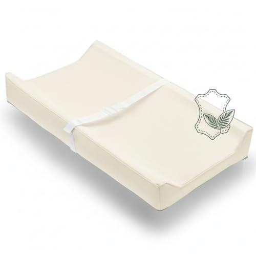 Image of Vegan Leather Contoured Baby Changing Pad | Waterproof & Wipe-Clean PU Leather Diaper Change Mat, Soft, Wipeable Cover, Safety Strap, Non-Slip Bottom, Topper for Standard Infant Diaper Table & Dresser
