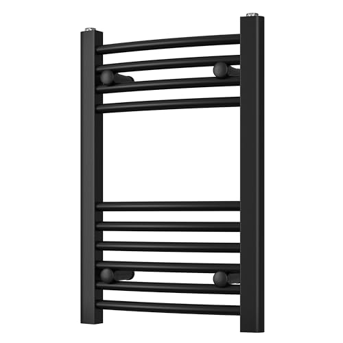 Heated Curved Black Towel Rail - For Luxurious Bathrooms - Efficient Towel Warmer & Storage Rack - Bathroom Radiator Towel Rail with Stylish Towel Holder - Easy Installation - H600mm x W400mm