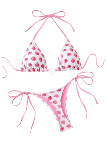 GORGLITTER Women's Strawberry Bikini Set 2 Piece Heart Ring Backless Triangle Bra High Waisted Thong Swimsuit 2025