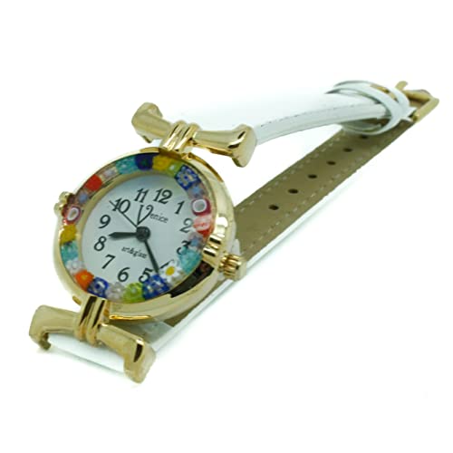 Montre à quartz en verre de Murano argentée avec écrin de rangement
