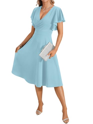 Image of LYANER Women's Warp V Neck Ruffle Short Sleeve A Line Swing Flared Cocktail Party Midi Dress