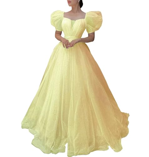 WDBFY Glitter Tulle Puffy Sleeves Prom Dresses Long Princess Gowns for Bride Wedding Party Dresses