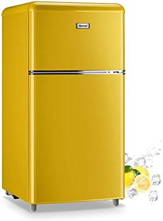 WANAI Small Compact Refrigerator 3.2 Cu.Ft Retro Mini Fridge with Freezer Dual Door with Adjustable Temperature, LED Lights, Removable Shelves for Dorm, Office, Bedroom